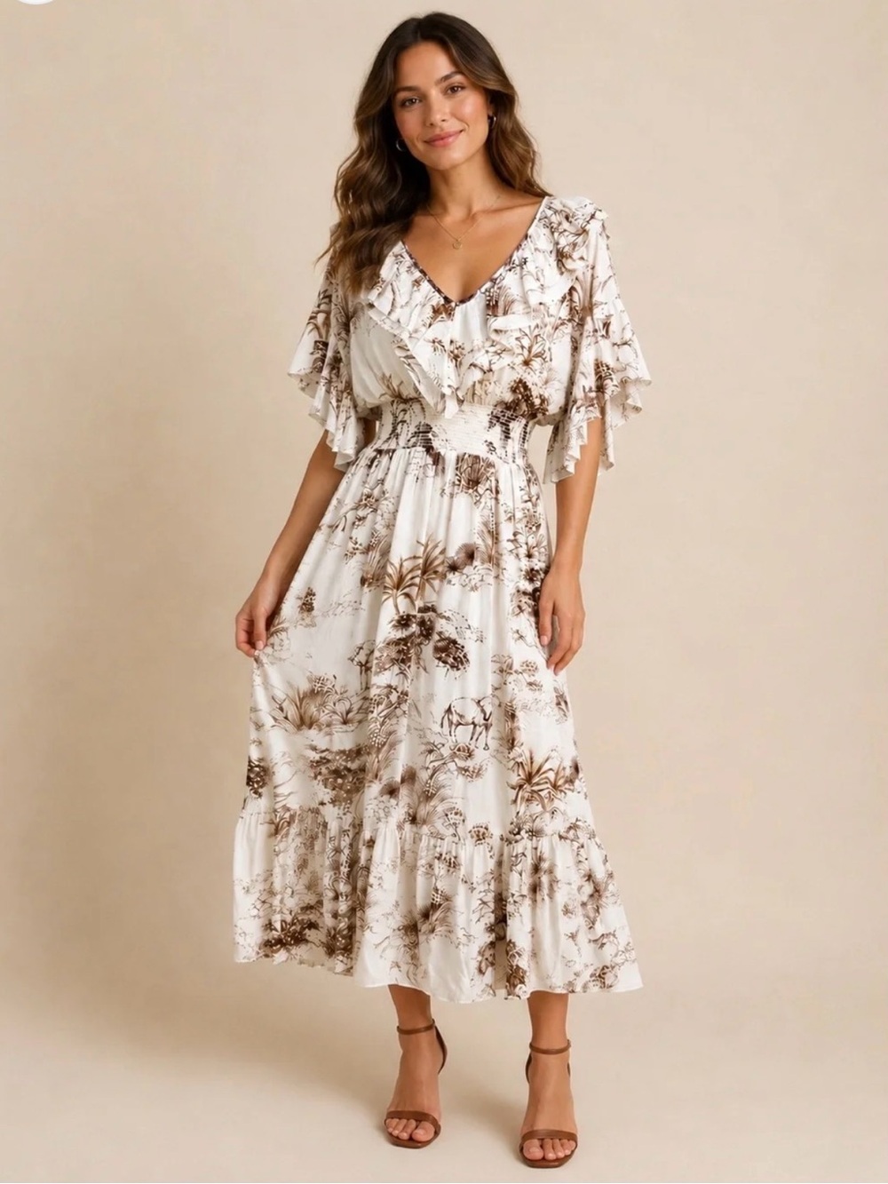 Sandro Paris Safari Toile Print Ruffle Smocked Midi Dress EU 38 Small